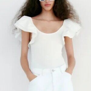 Zara White Ruffle Sleeve Ribbed Bodysuit